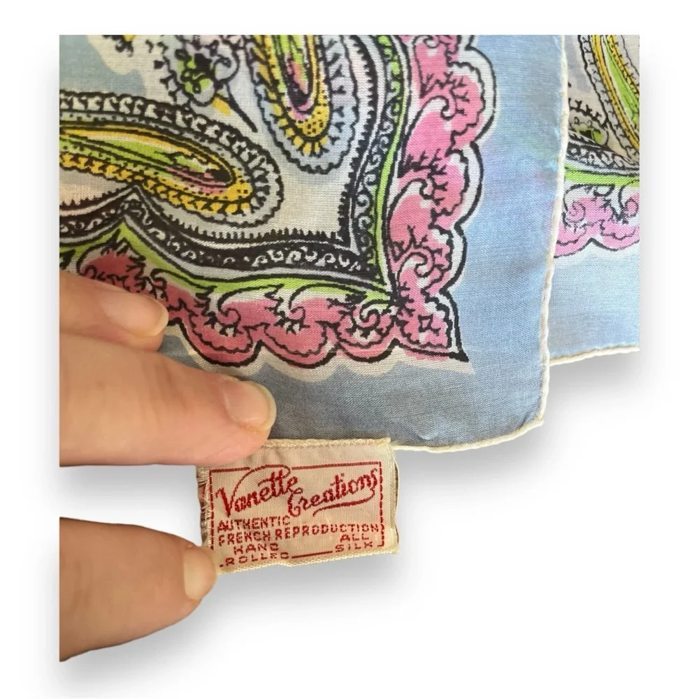 Vanette Creations Vintage Hand Rolled Silk Scarf in Soft Pastels Paisley Floral